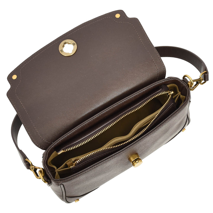 Women's Leather Crossbody Handbag Flap over Turn Lock Bag Beverly Coffee 9