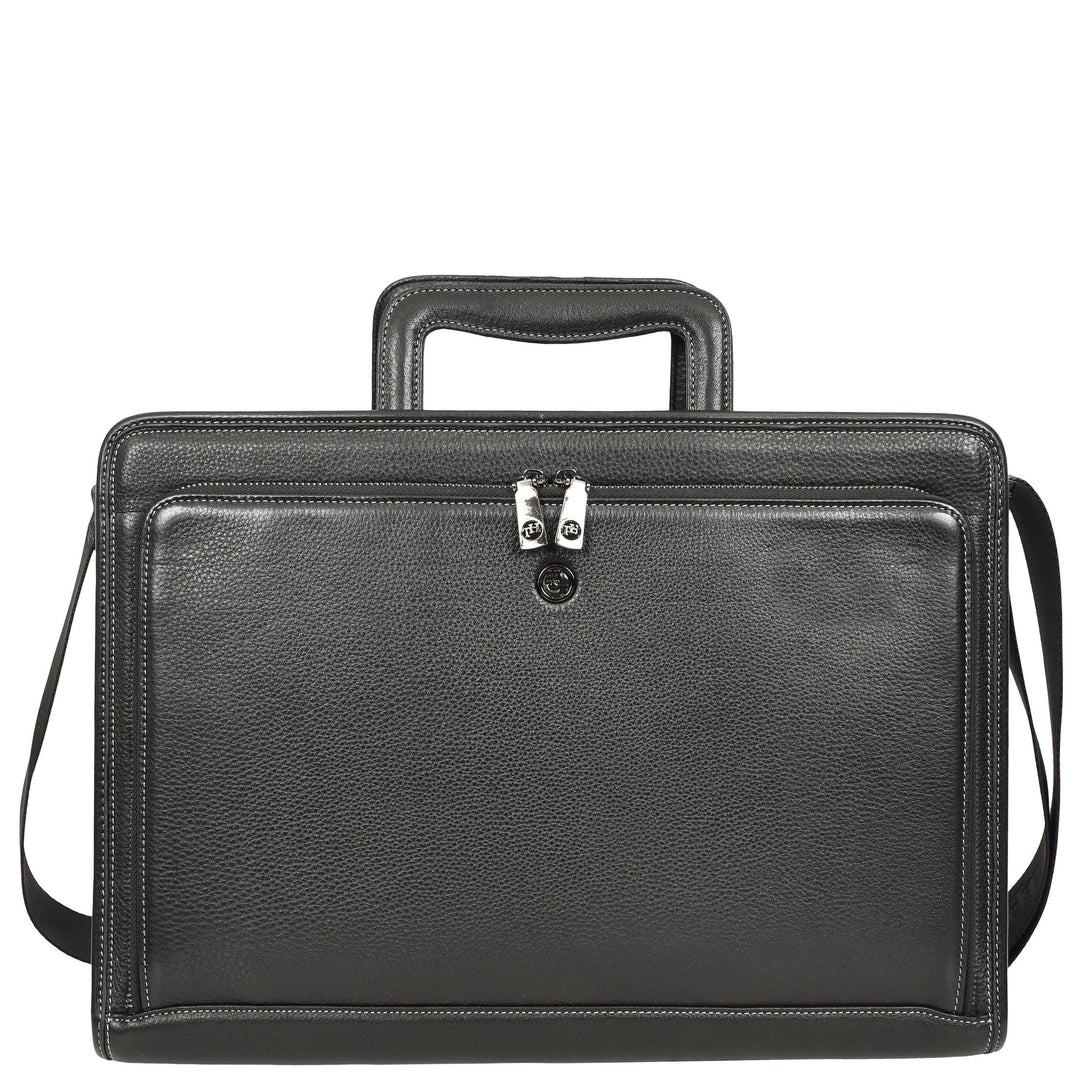 Men’s Leather Business Briefcase Laptop Work Bag with Crossbody Shoulder Strap Raya Black