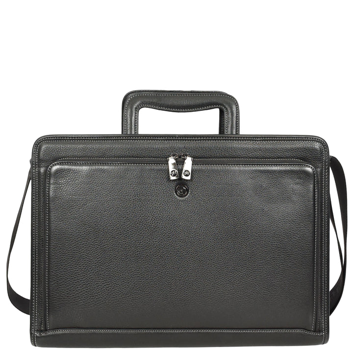 Men’s Leather Business Briefcase Laptop Work Bag with Crossbody Shoulder Strap Raya Black