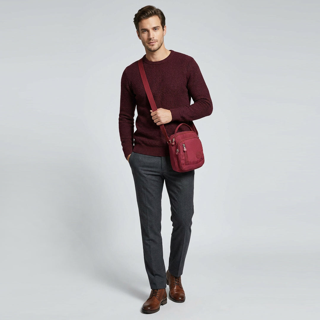 Men's Cross Body Bag Multiple Zip Compartments Lightweight Messenger Bag Shaun Burgundy