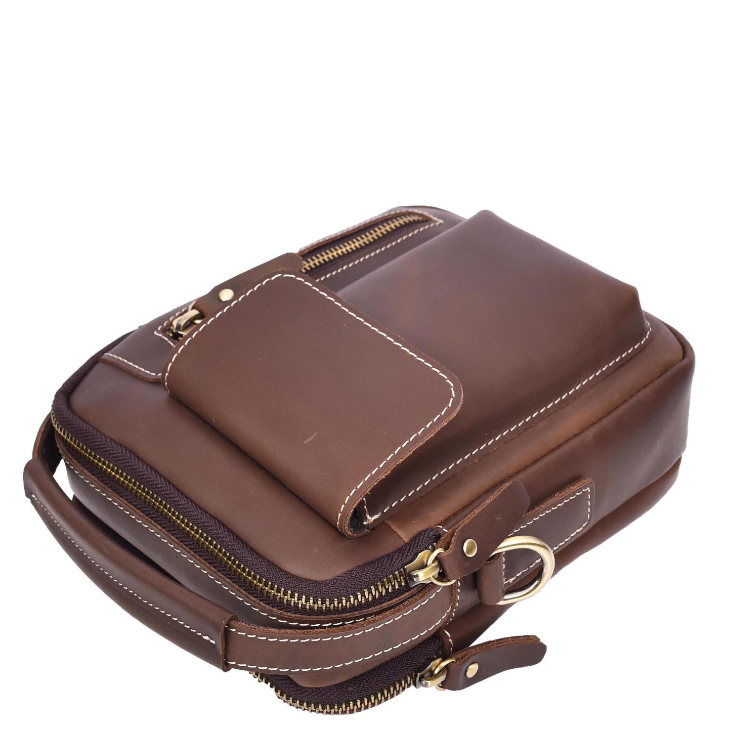 Mens Leather Small Cross Body Flight Bag Hudson Brown Hunter-6