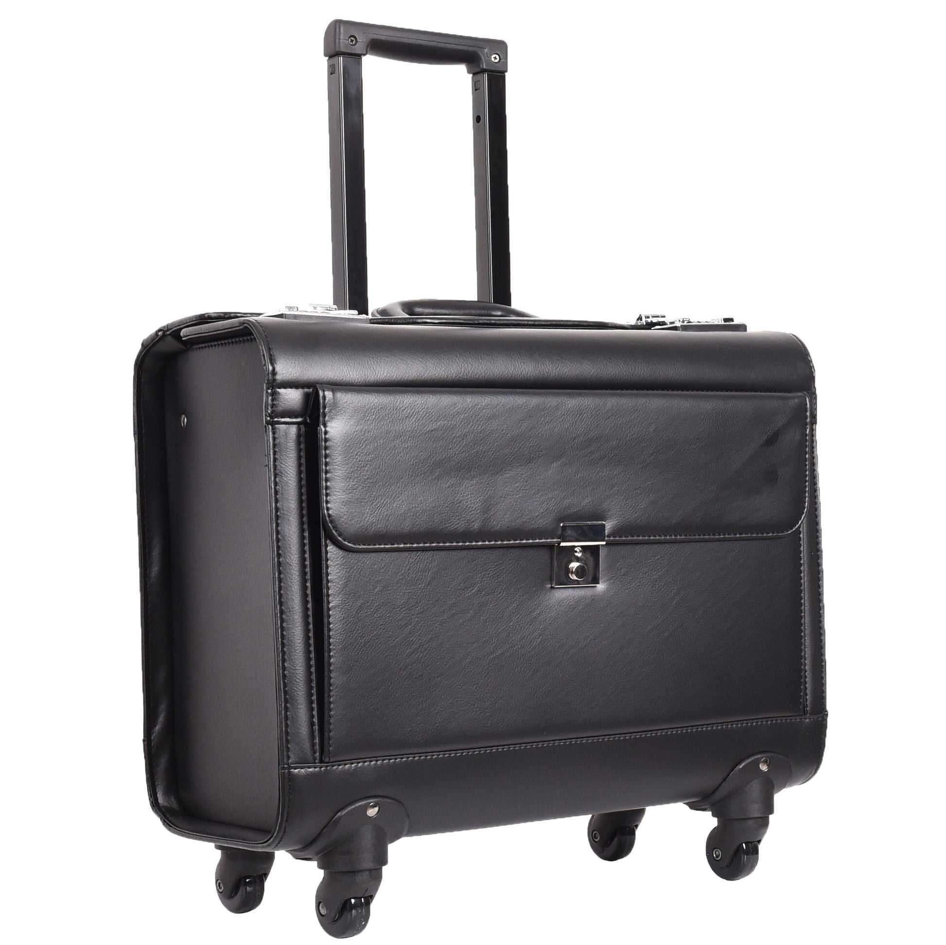 4 Wheel Spinner Leather Pilot Case Flight Carry on Cabin Bag HOL966 Black 11