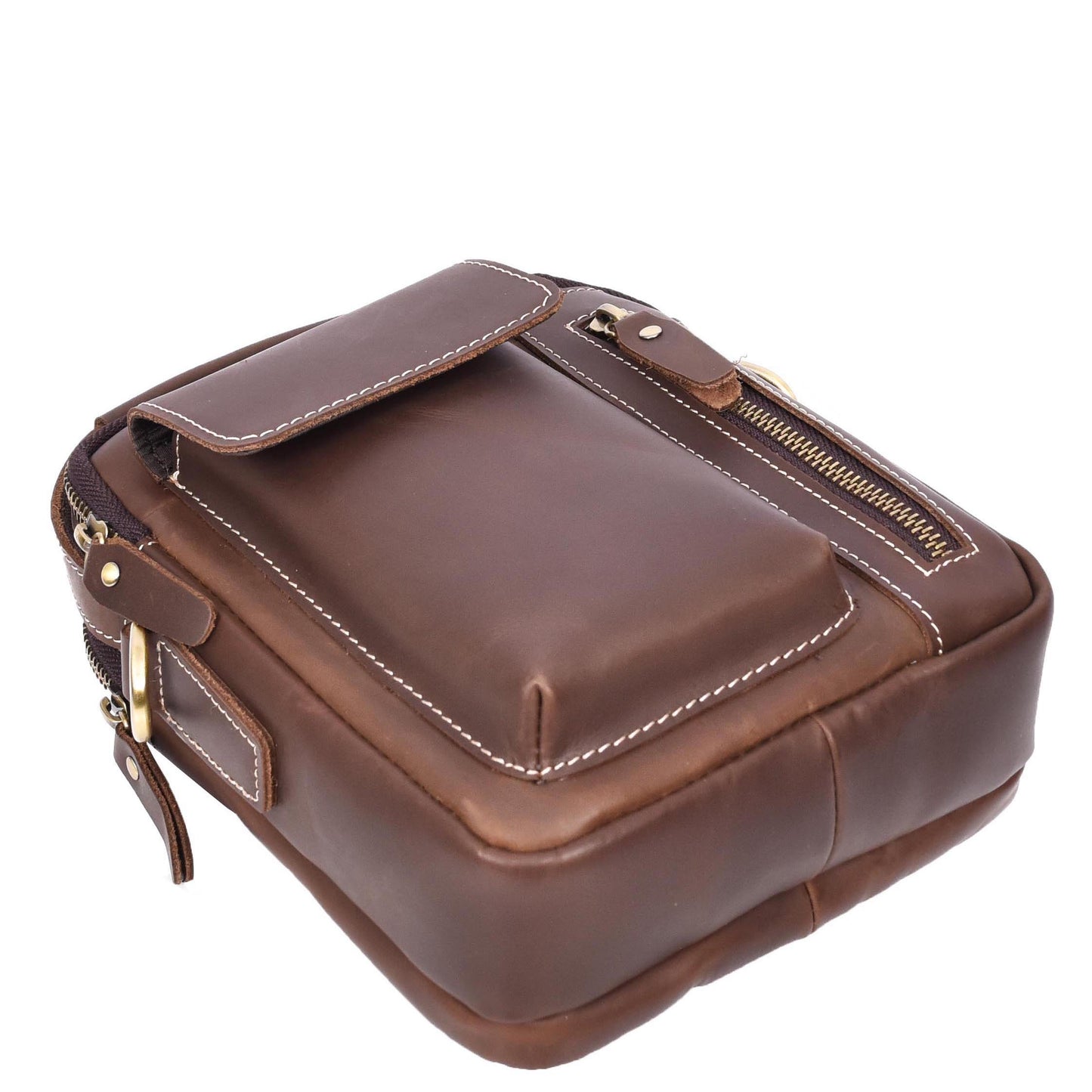 Mens Leather Small Cross Body Flight Bag Hudson Brown Hunter-5