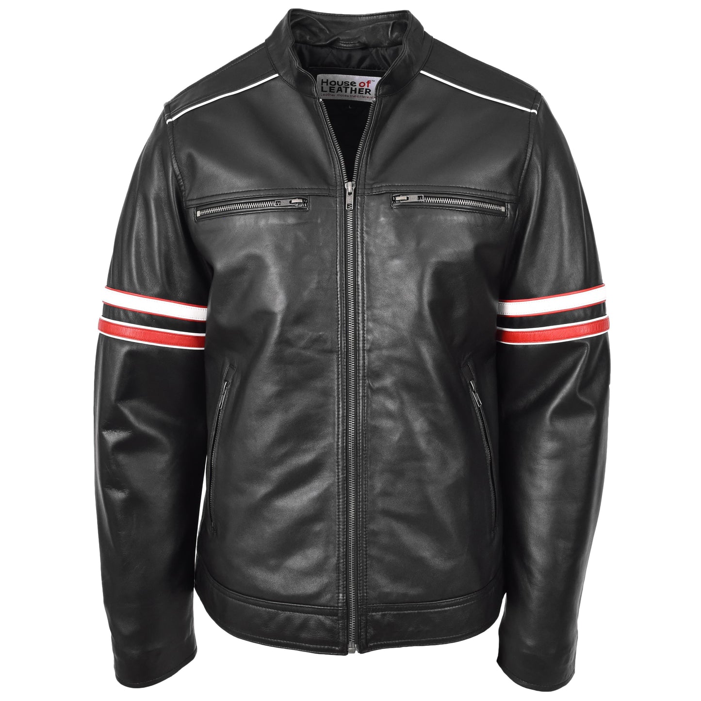 Mens Real Leather Biker Style Jacket Cafe Racer Multi Stripes Boxer Black-1