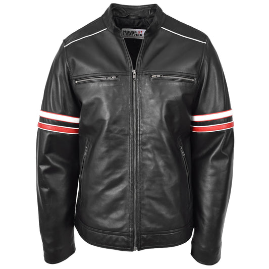 Mens Real Leather Biker Style Jacket Cafe Racer Multi Stripes Boxer Black-1