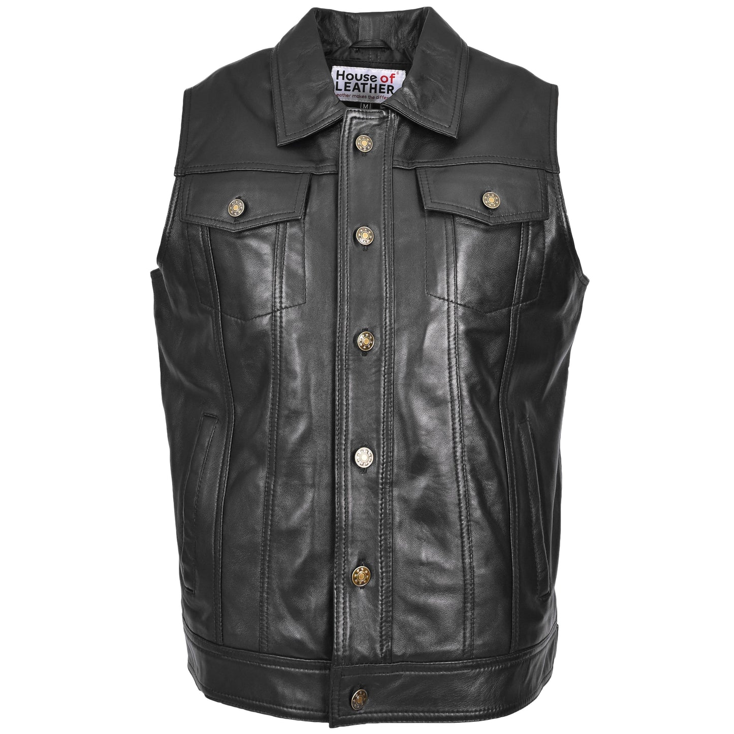 Mens Real Leather Waistcoat Classic Trucker Style Vest Teddy Black-1