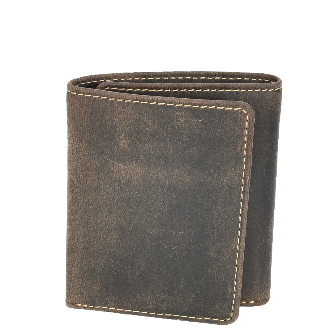 Mens Real Leather Tri-fold Wallet Credit Cards Banknotes ID Card RFID Blocking HOL700 Oil Brown