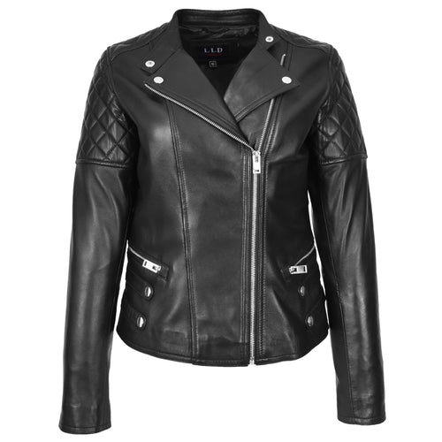 Womens Real Leather Biker Jacket Classic Cross Zip Style Molly Black-1