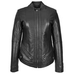 Womens Real Leather Slim Fit Biker Standing Collar Style Jacket Nibi Black-3