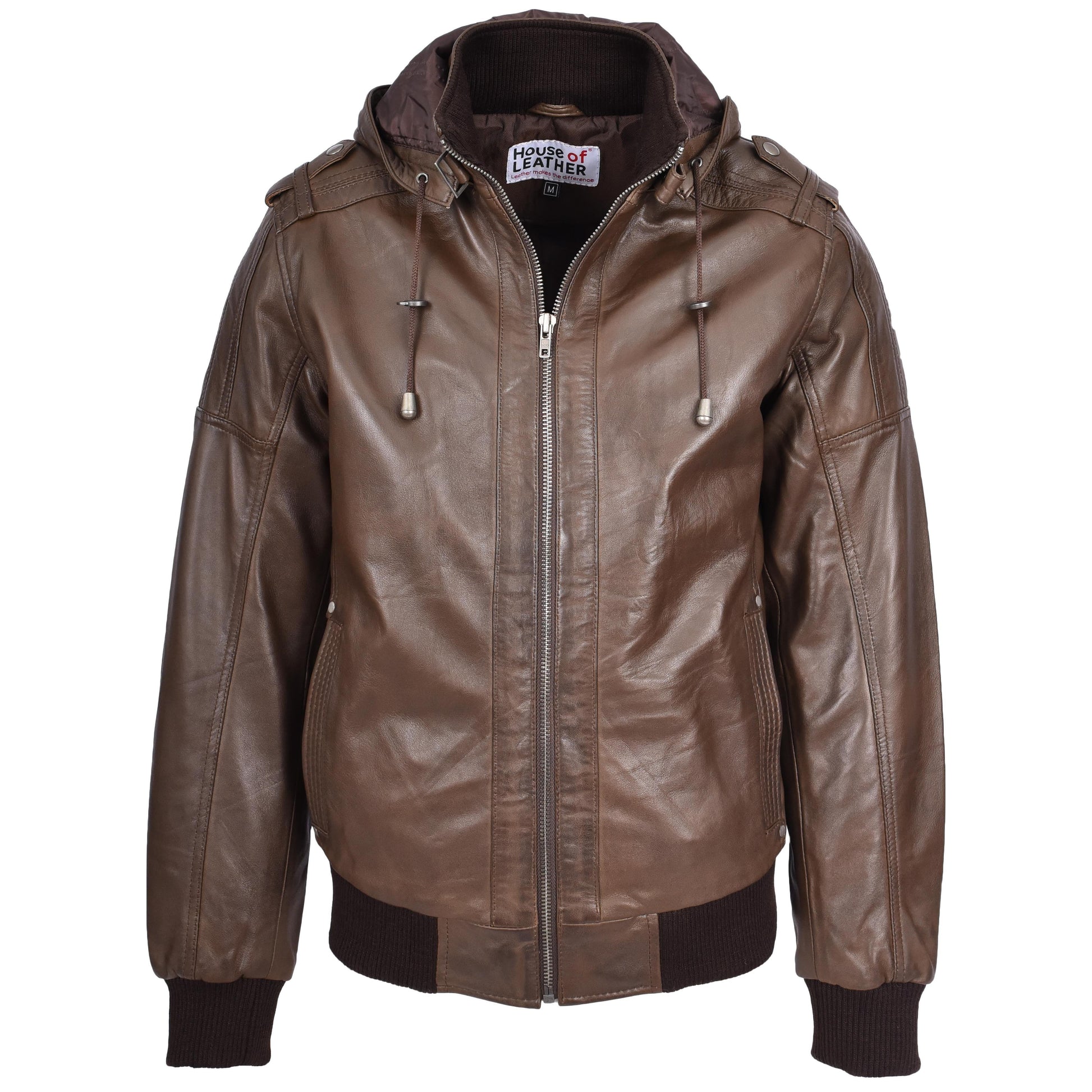 Mens Real Leather Bomber Jacket Trendy Removable Hood Style Reggie Brown-1