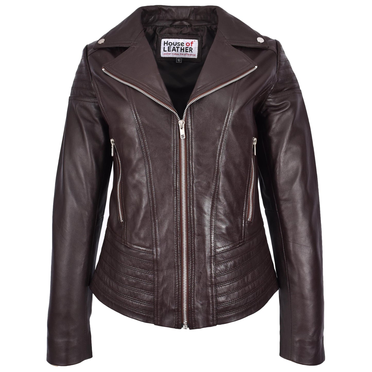 Womens Real Leather Biker Jacket Trendy Fitted Casual Style Emily Brown-1