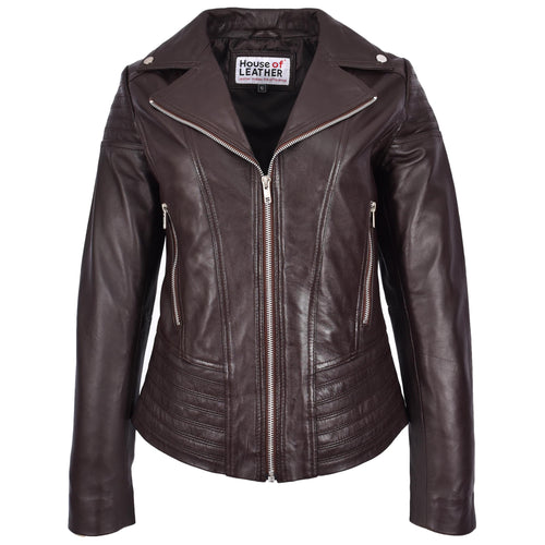 Womens Real Leather Biker Jacket Trendy Fitted Casual Style Emily Brown-1