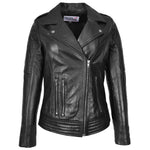 Womens Real Leather Biker Jacket Cross Zip Style Pam Black-1