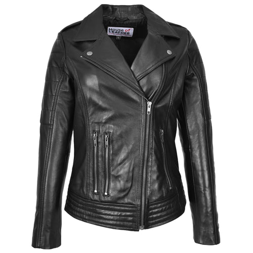 Womens Real Leather Biker Jacket Cross Zip Style Pam Black-1