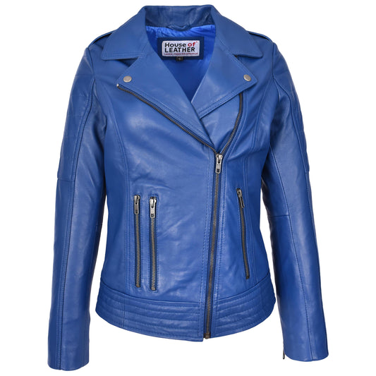 Womens Real Leather Biker Jacket Cross Zip Style Pam Blue-1