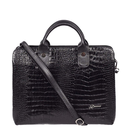 Womens Real Leather Croc-Print Shoulder Bag A4 Size Business Handbag Millie Black-1