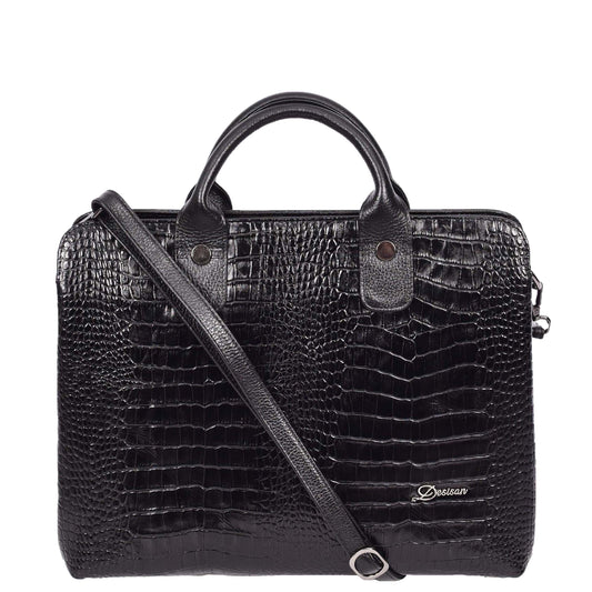 Womens Real Leather Croc-Print Shoulder Bag A4 Size Business Handbag Millie Black-1