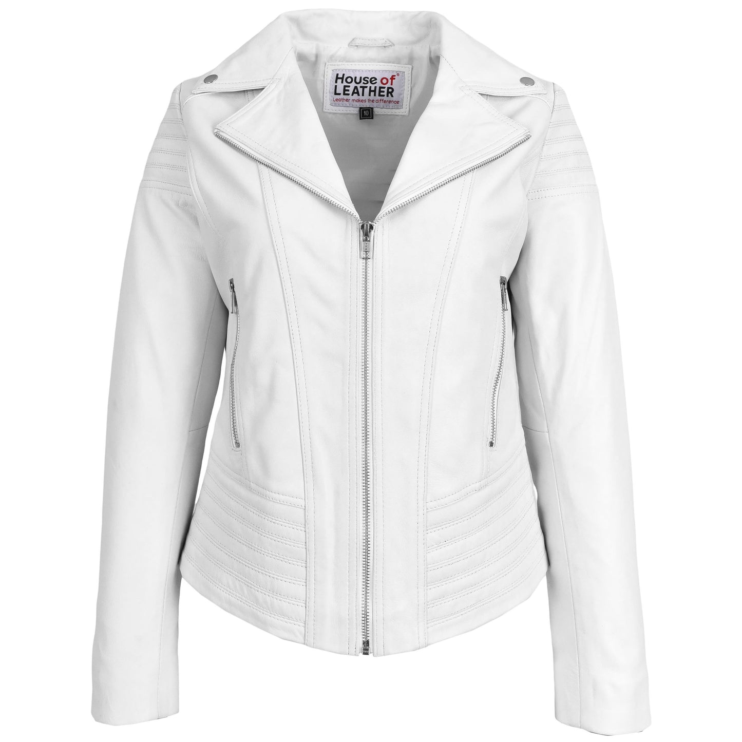 Womens Real Leather Biker Jacket Trendy Fitted Casual Style Emily White-1