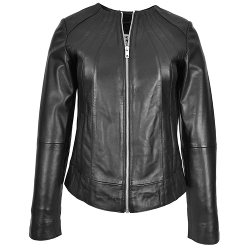 Womens Real Leather Collarless Jacket Classic Style Lottie Black-1