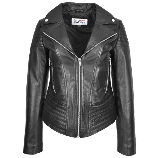 Womens Real Leather Biker Jacket Trendy Fitted Casual Style Emily Black-1