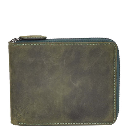 Mens Real Leather Hunter Zip Oiled Leather Wallet RFID HOL2207 Green-2