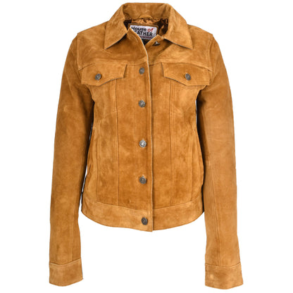 Womens Soft Suede Trucker Style Jacket Alma Tan-1
