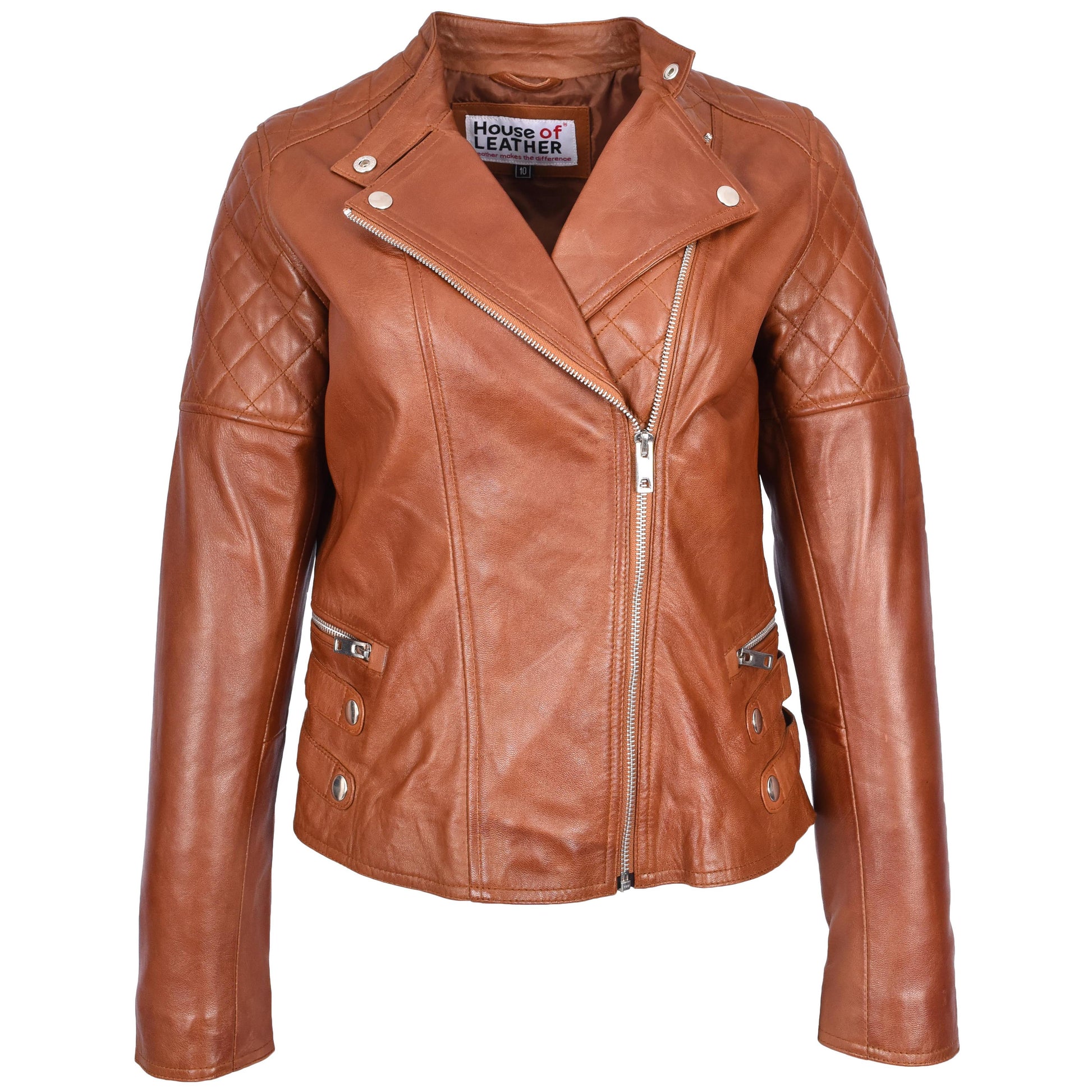 Womens Real Leather Biker Jacket Classic Cross Zip Style Molly Chestnut Tan-1