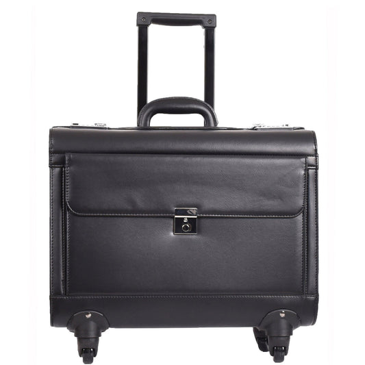 4 Wheel Spinner Leather Pilot Case Flight Carry on Cabin Bag HOL966 Black 1