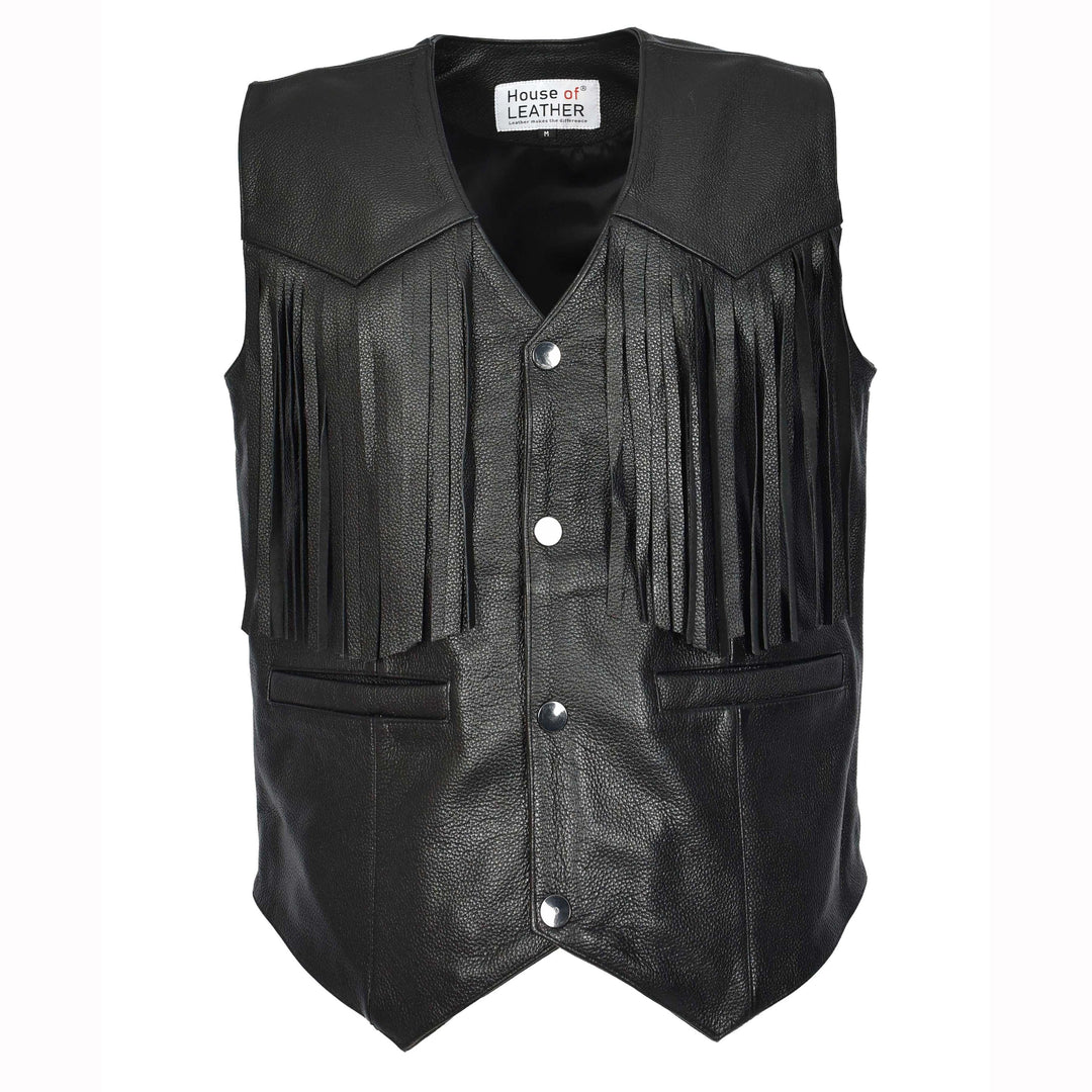 Men's Cowhide Leather Biker Waistcoat Fringe's Western Vest Warden Black 1