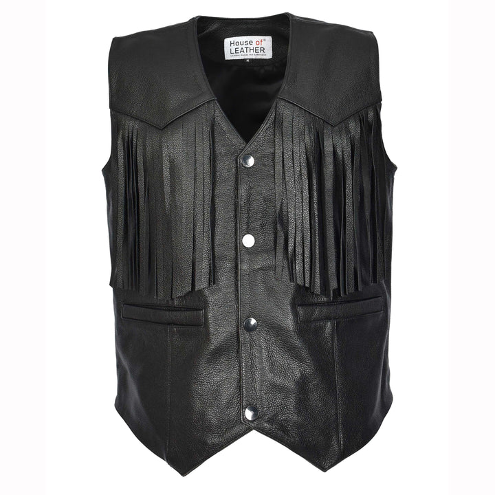 Men's Cowhide Leather Biker Waistcoat Fringe's Western Vest Warden Black 1