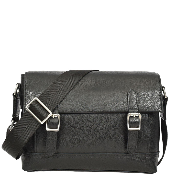Men's Real Leather Crossbody Messenger Bag Flap Over Dual Buckle Ted Black