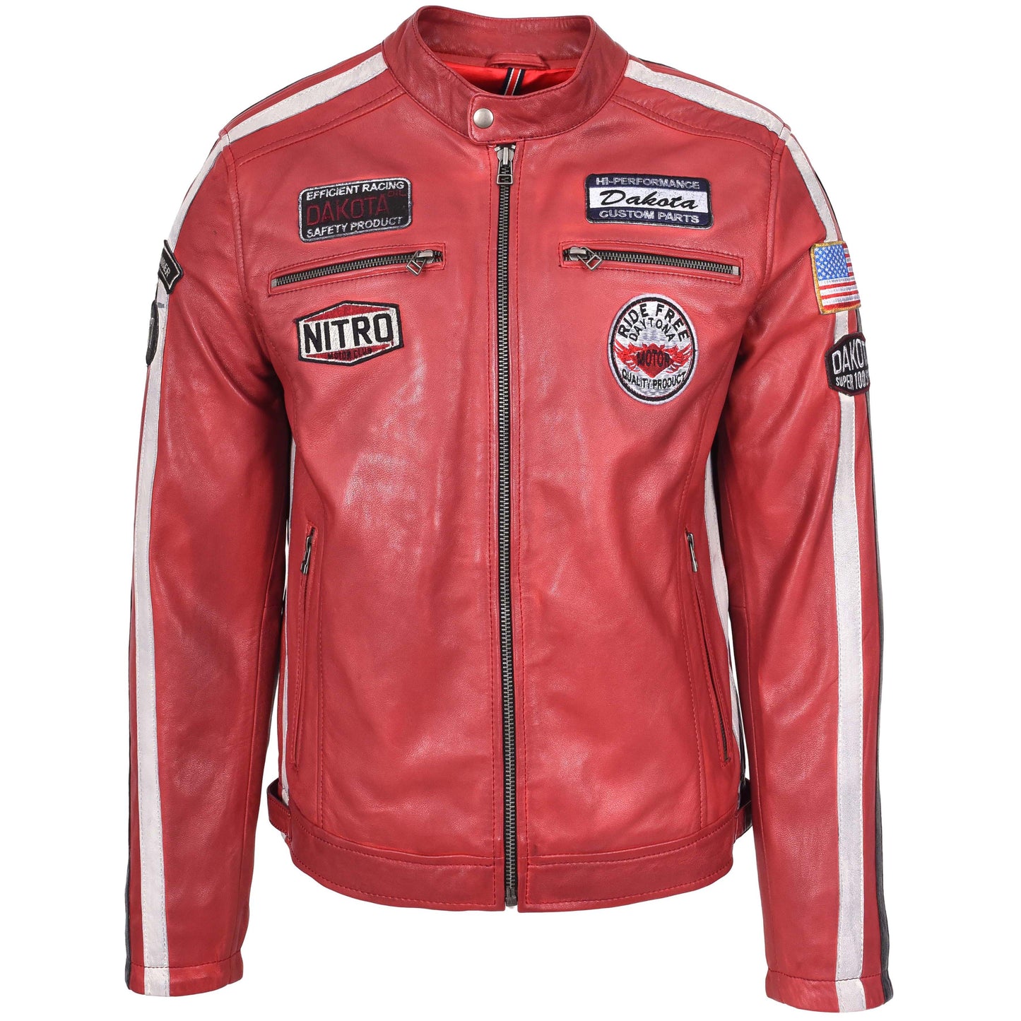 Mens Leather Biker Jacket Motorsport Logos Bobby Red 2