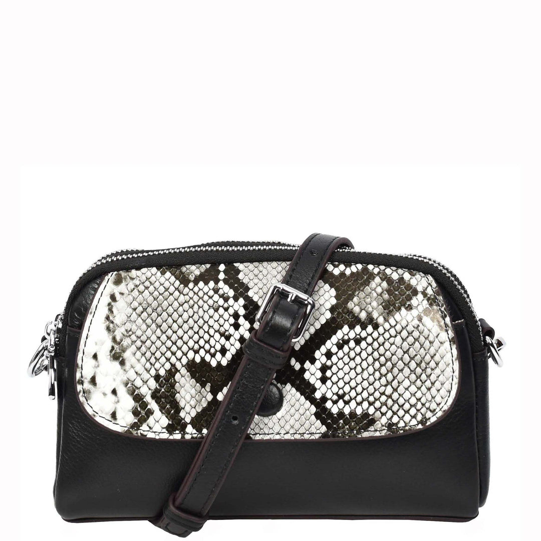 Women's Leather Crossbody Sling Bag Small Exotic Snake-Print Sahara Black