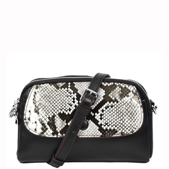 Women's Leather Crossbody Sling Bag Small Exotic Snake-Print Sahara Black