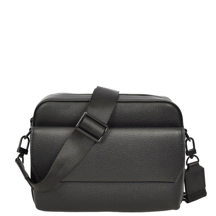 Men's Real Leather Crossbody Flight Bag Adjustable Strap Sandy Black