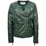 Womens Leather Casual Biker Jacket Cross Zip Shelly Green 1