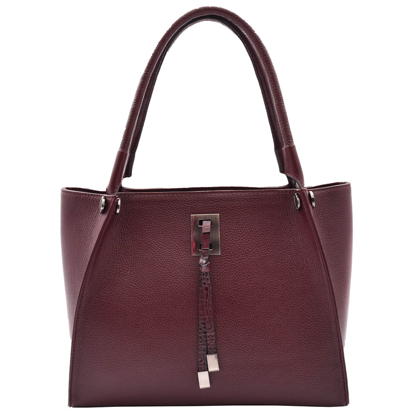 Womens Multi Pockets Grained Leather Shoulder Bag Large Size Grace Burgundy 1