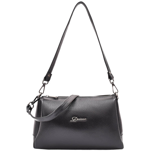 Womens Real Leather Shoulder Zip Bag Small Size Handbag Chloe Black 1