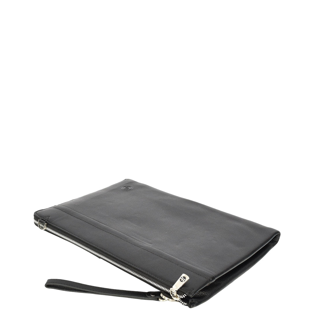 Real Leather Zip Around Folio Bag Underarm Documents Tablet Organiser Kylo Black