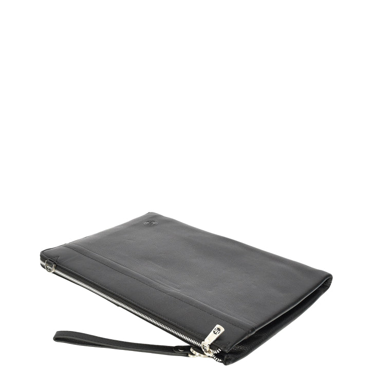 Real Leather Zip Around Folio Bag Underarm Documents Tablet Organiser Kylo Black