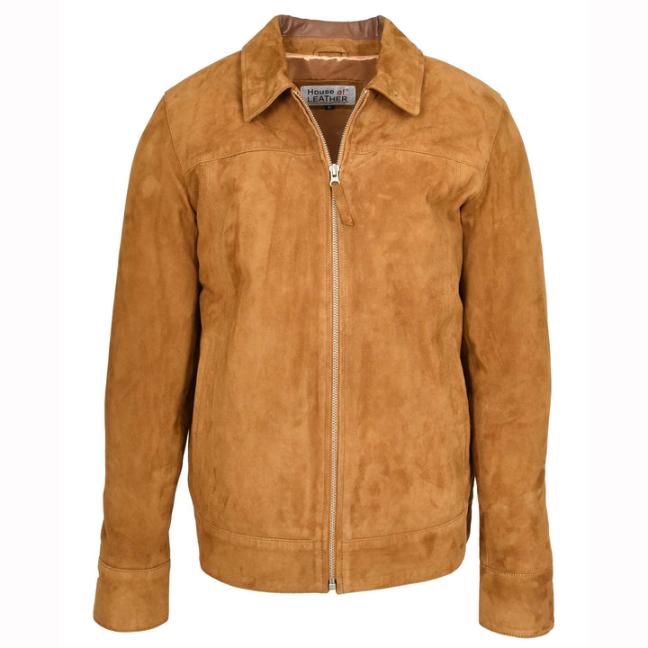 Mens Real Goat Suede Jacket Classic Zip Box Style Larry Cognac 1