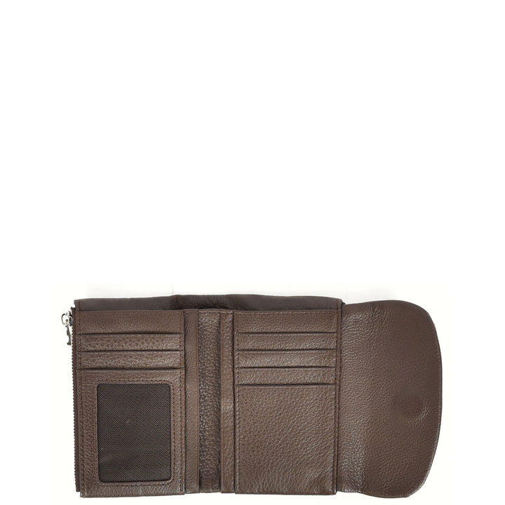 Womens Real Leather Bi-fold Purse Compact Wallet HOL3033 Coffee