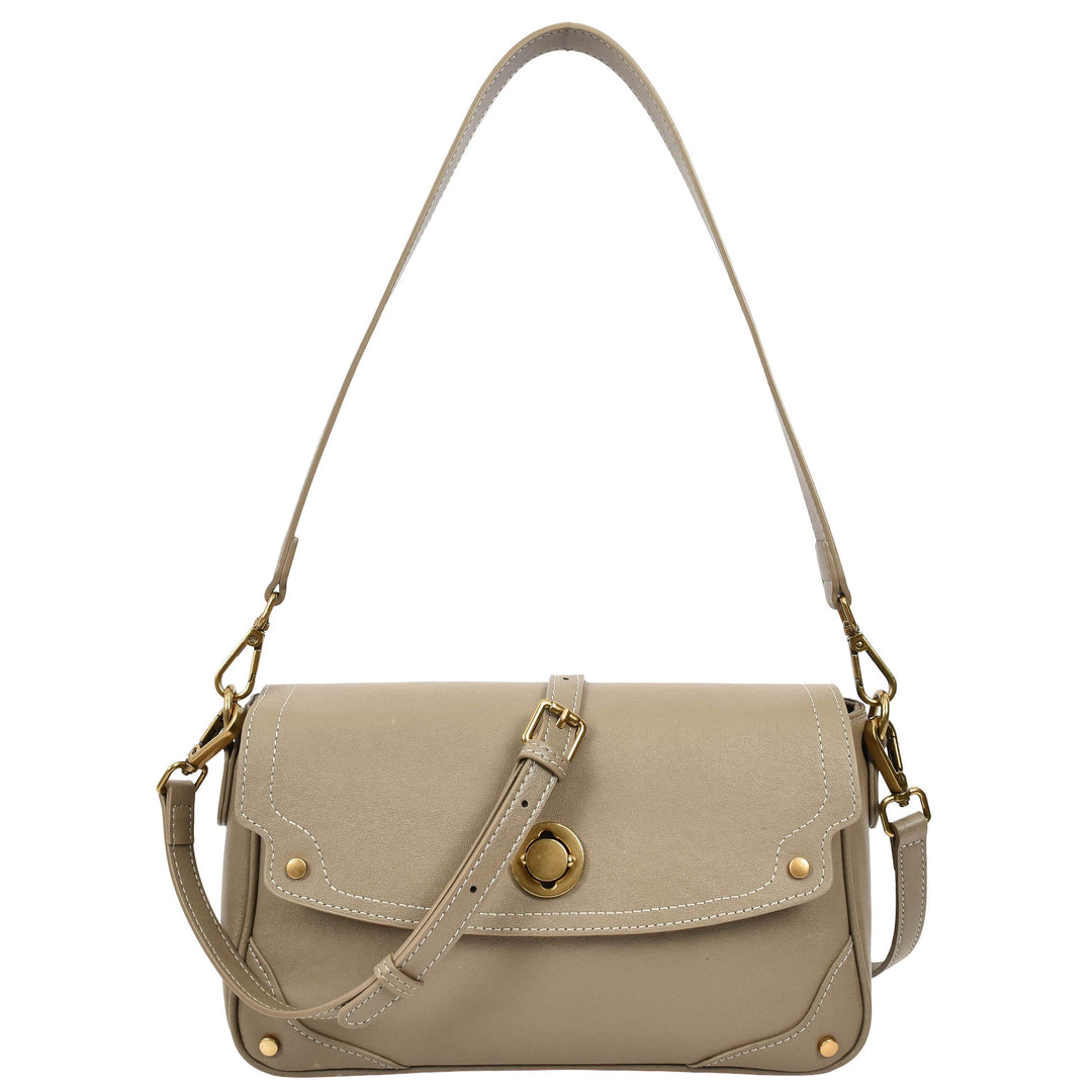 Women's Leather Crossbody Handbag Flap over Turn Lock Bag Beverly Grey 1