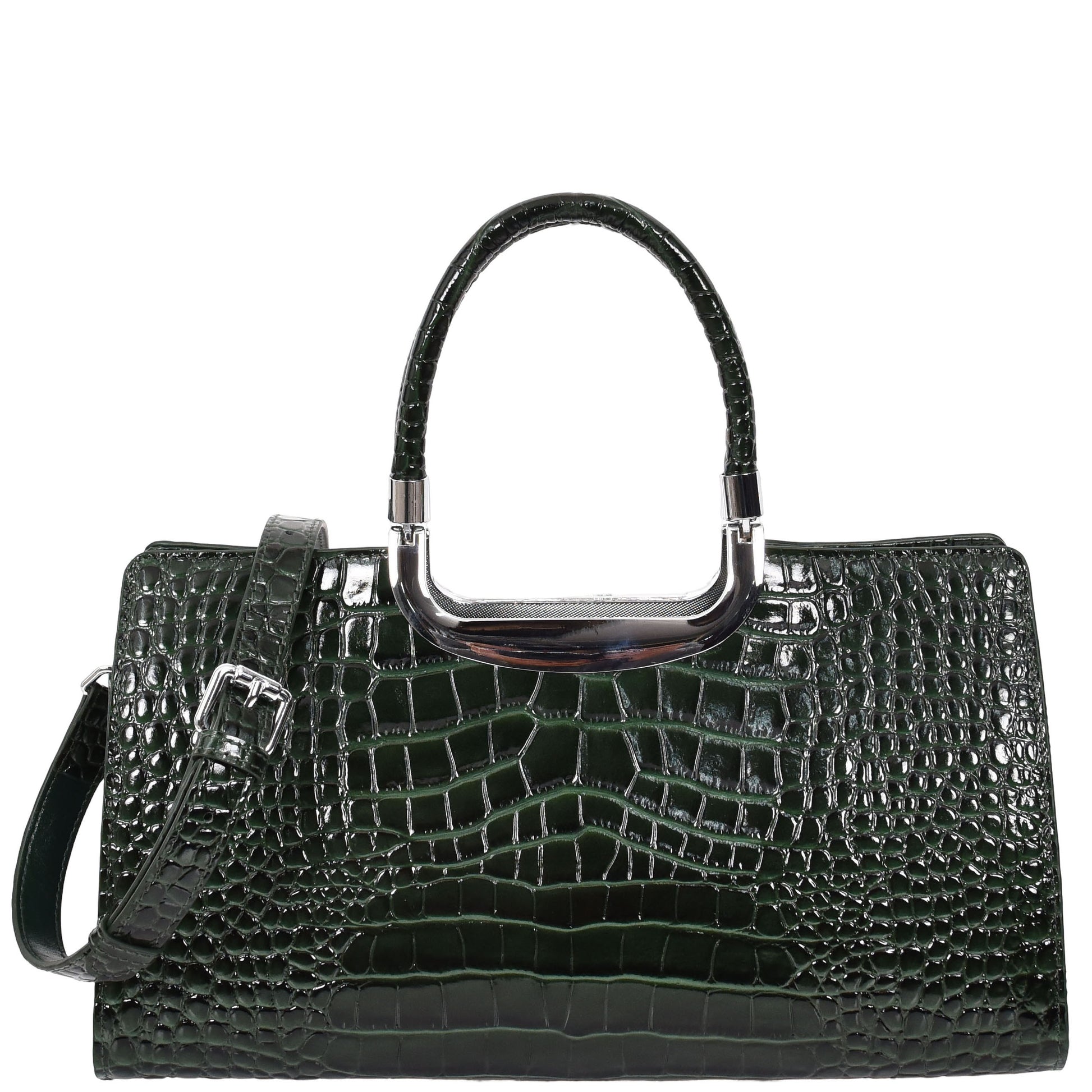 Womens Leather Croc Print Handbag Madeline Green