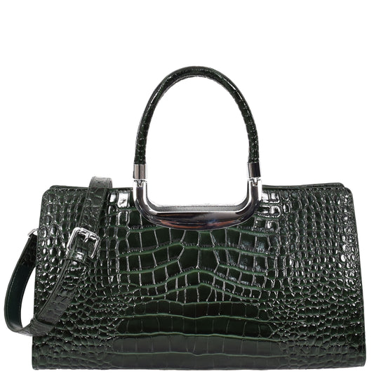 Womens Leather Croc Print Handbag Madeline Green