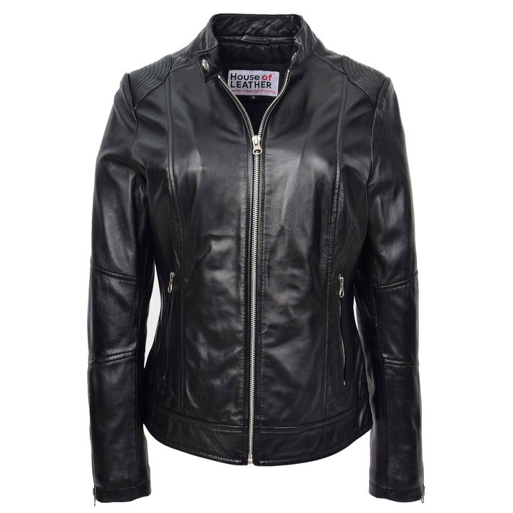 Womens Real Leather Biker Jacket Zip up Casual Connie Black 1