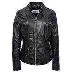 Womens Real Leather Biker Jacket Zip up Casual Connie Black 1