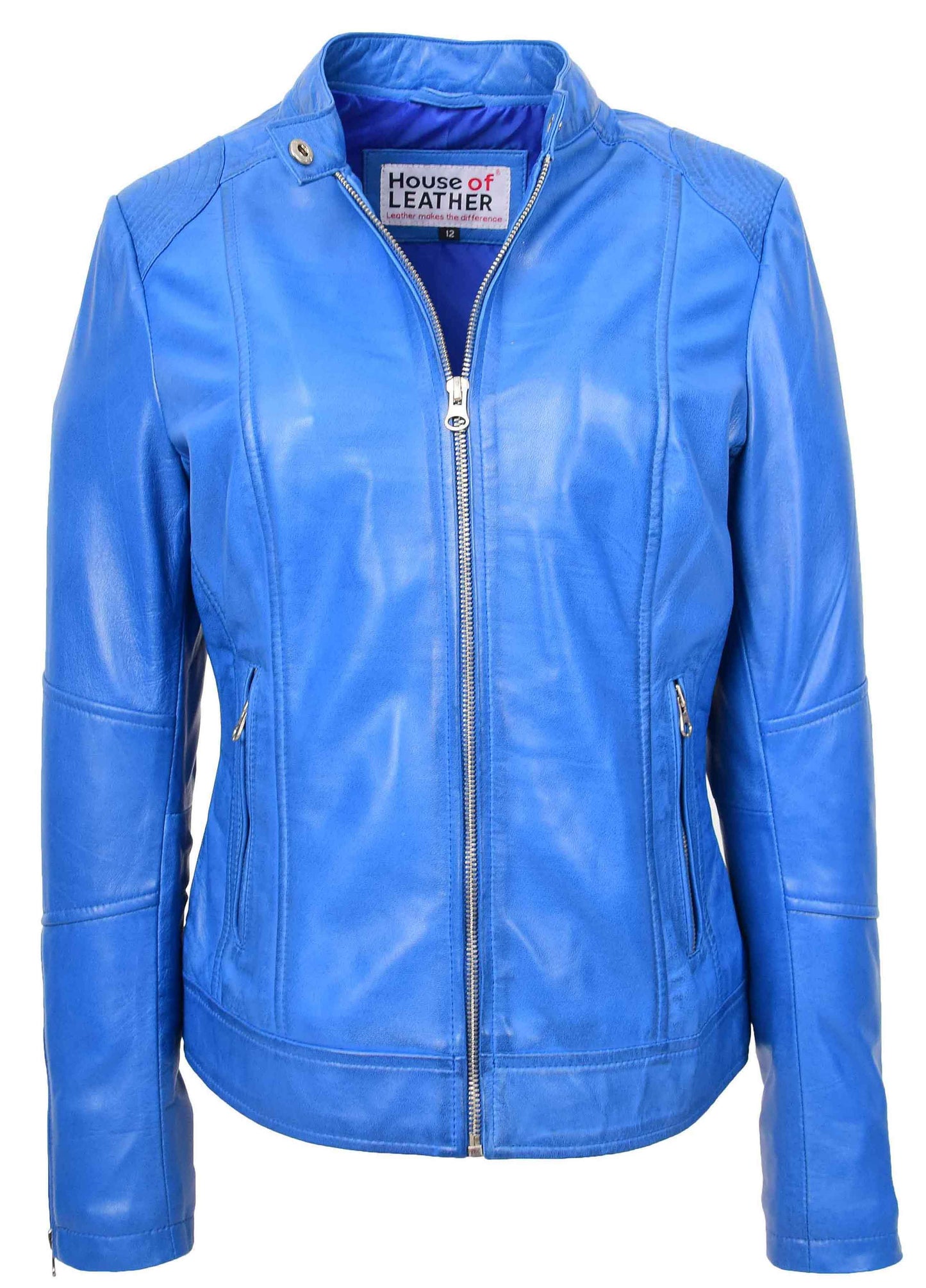 Womens Real Leather Biker Jacket Zip up Casual Connie Blue