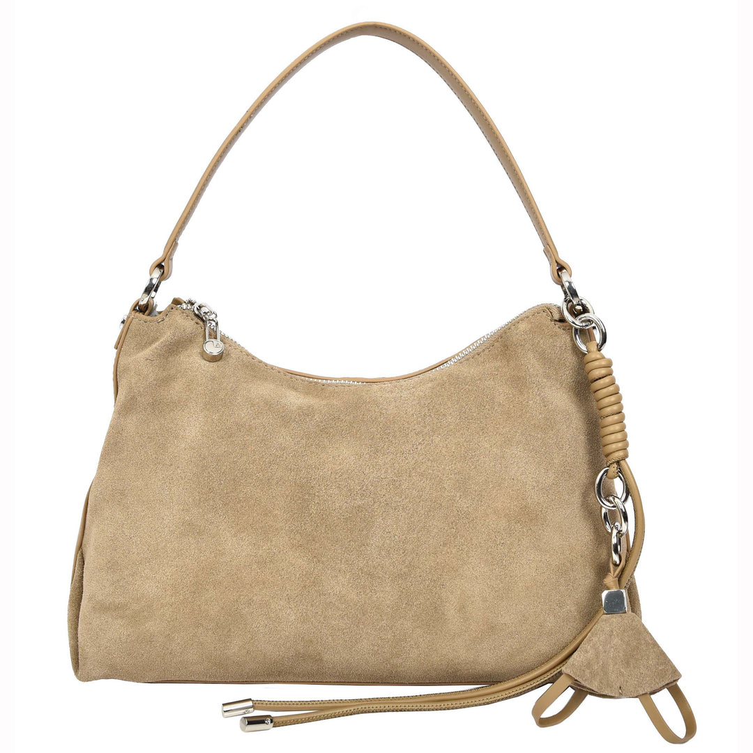 Women's Real Suede Hobo Shoulder Bag Side Tassel Solana Taupe 1