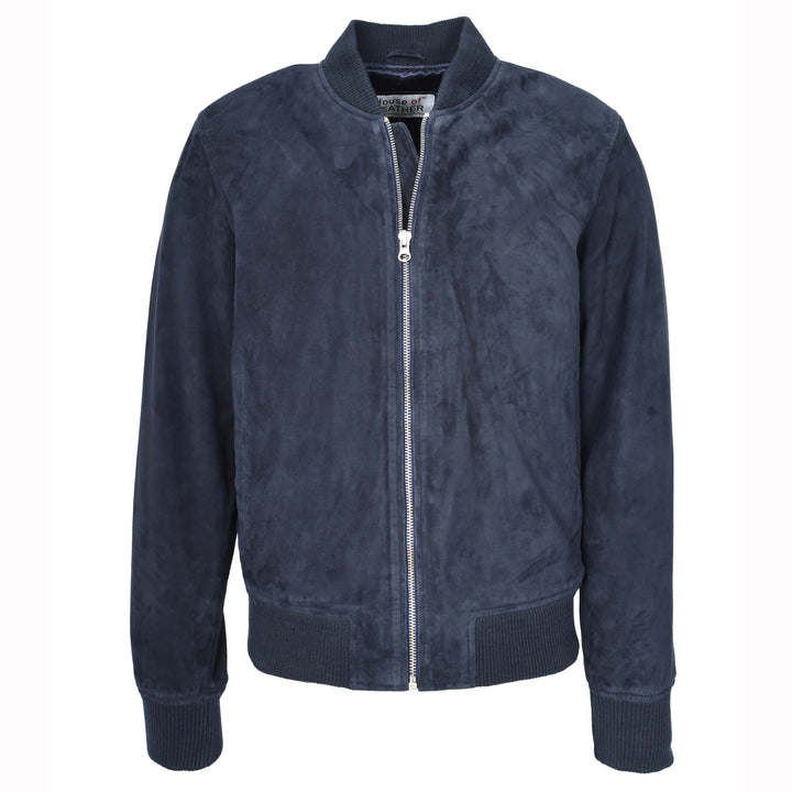 Mens Real Goat Suede Bomber Jacket MA-1 Varsity Design Ryan Navy Blue